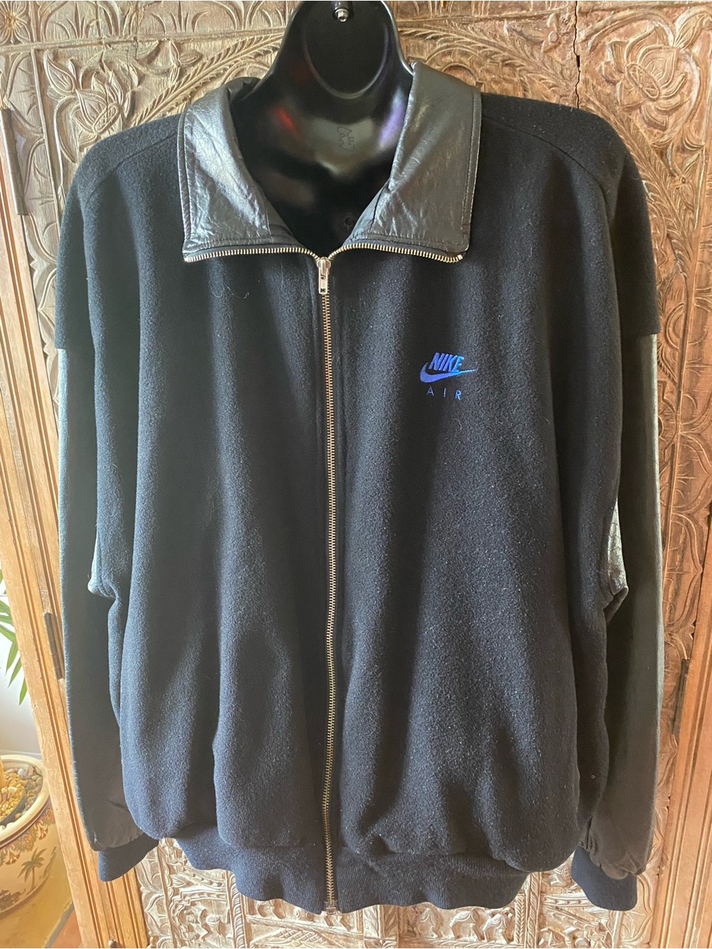 Nike Air Black Leather and Wool Zip Jacket with Blue Logo